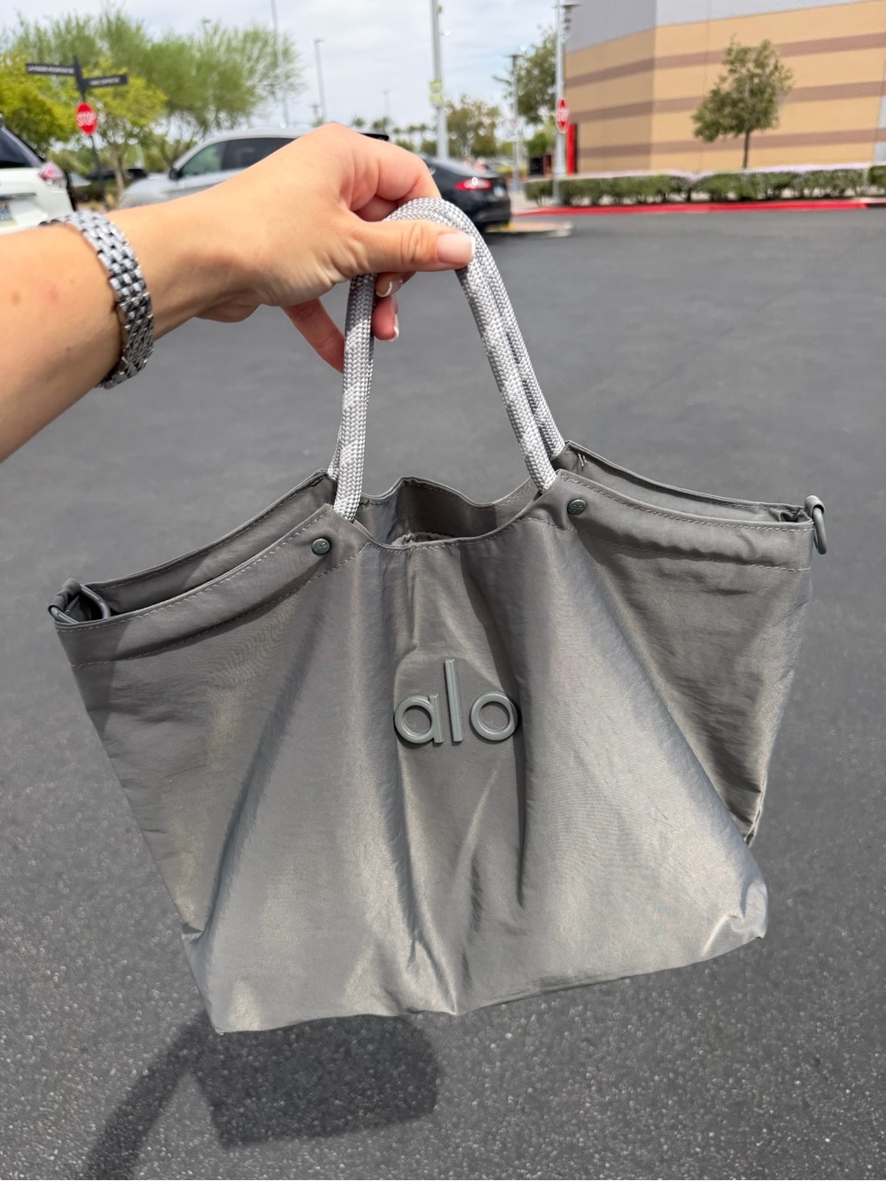 ALO Yoga Silver-Gray Tote with Rope Handles Bag with long strips